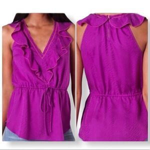 Rebecca Taylor 100% Silk Purple Sleeveless Ruffle Blouse Drawstring Waist Size 4